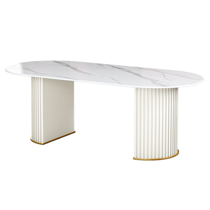 Oval Sintered Stone Dining Table Modern Table in White with Metal Double Pedestal Base White Without Chairs Clearhalo ' dining_table' 'Dining Tables & Seating' 'Dining Tables' 'furn' 'furn_dining_table' 'Furniture' 'furniture_dining_table' 'Kitchen & Dining Furniture' 'kitchen&dining_furn' 'kitchen' 'kitchen_dining_table' 3979781