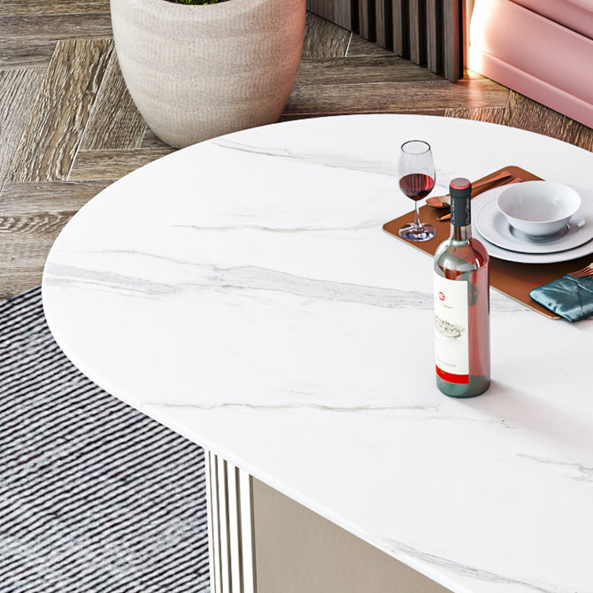 Oval Sintered Stone Dining Table Modern Table in White with Metal Double Pedestal Base Clearhalo ' dining_table' 'Dining Tables & Seating' 'Dining Tables' 'furn' 'furn_dining_table' 'Furniture' 'furniture_dining_table' 'Kitchen & Dining Furniture' 'kitchen&dining_furn' 'kitchen' 'kitchen_dining_table' 3979782