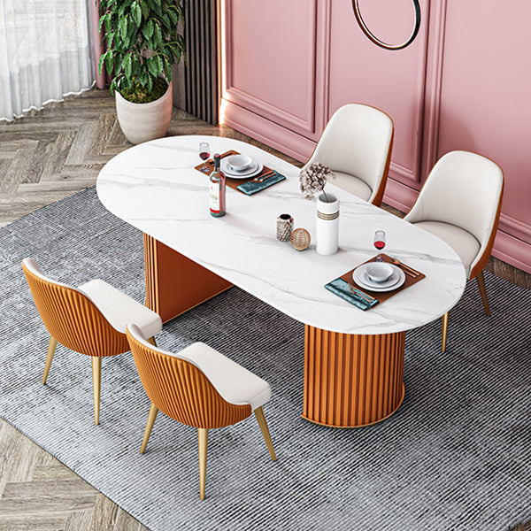 Oval Sintered Stone Dining Table Modern Table in White with Metal Double Pedestal Base Clearhalo ' dining_table' 'Dining Tables & Seating' 'Dining Tables' 'furn' 'furn_dining_table' 'Furniture' 'furniture_dining_table' 'Kitchen & Dining Furniture' 'kitchen&dining_furn' 'kitchen' 'kitchen_dining_table' 3979787