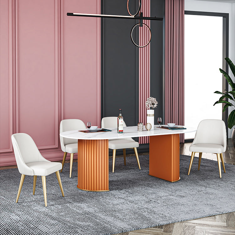 Oval Sintered Stone Dining Table Modern Table in White with Metal Double Pedestal Base Clearhalo ' dining_table' 'Dining Tables & Seating' 'Dining Tables' 'furn' 'furn_dining_table' 'Furniture' 'furniture_dining_table' 'Kitchen & Dining Furniture' 'kitchen&dining_furn' 'kitchen' 'kitchen_dining_table' 3979788