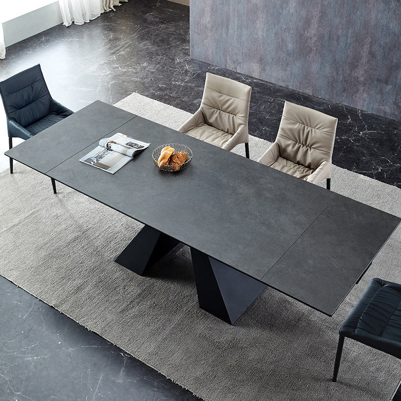 Rectangle Traditional Luxury Dining Table Grey Sintered Stone Table with Black Double Pedestal Clearhalo ' dining_table' 'Dining Tables & Seating' 'Dining Tables' 'Furniture' 'furniture_dining_table' 'Kitchen & Dining Furniture' 'kitchen&dining_furn' 'kitchen' 'kitchen_dining_table' 3979809