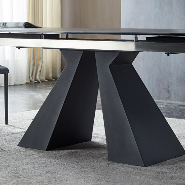 Rectangle Traditional Luxury Dining Table Grey Sintered Stone Table with Black Double Pedestal Clearhalo ' dining_table' 'Dining Tables & Seating' 'Dining Tables' 'Furniture' 'furniture_dining_table' 'Kitchen & Dining Furniture' 'kitchen&dining_furn' 'kitchen' 'kitchen_dining_table' 3979811