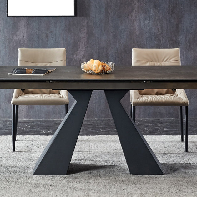 Rectangle Traditional Luxury Dining Table Grey Sintered Stone Table with Black Double Pedestal Clearhalo ' dining_table' 'Dining Tables & Seating' 'Dining Tables' 'Furniture' 'furniture_dining_table' 'Kitchen & Dining Furniture' 'kitchen&dining_furn' 'kitchen' 'kitchen_dining_table' 3979814