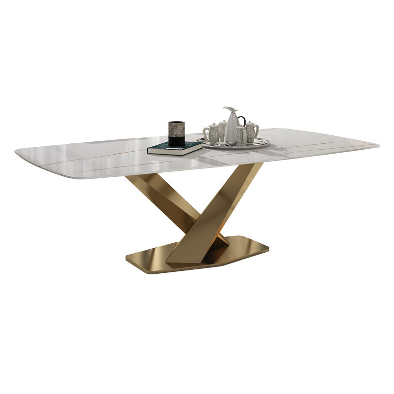 Metal Traditional Luxury Rectangle Table Sintered Stone Dining Table with Pedestal Base White Without Chairs Clearhalo ' dining_table' 'Dining Tables & Seating' 'Dining Tables' 'furn' 'furn_dining_table' 'Furniture' 'furniture_dining_table' 'Kitchen & Dining Furniture' 'kitchen&dining_furn' 'kitchen' 'kitchen_dining_table' 3980248