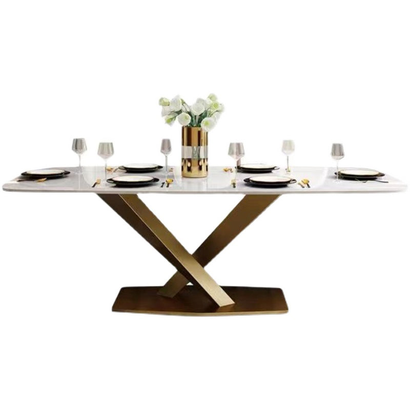 Metal Traditional Luxury Rectangle Dining Table Sintered Stone Top Indoor Table with Pedestal Base Gold Without Chairs Clearhalo ' dining_table' 'Dining Tables & Seating' 'Dining Tables' 'furn' 'furn_dining_table' 'Furniture' 'furniture_dining_table' 'Kitchen & Dining Furniture' 'kitchen&dining_furn' 'kitchen' 'kitchen_dining_table' 3980282
