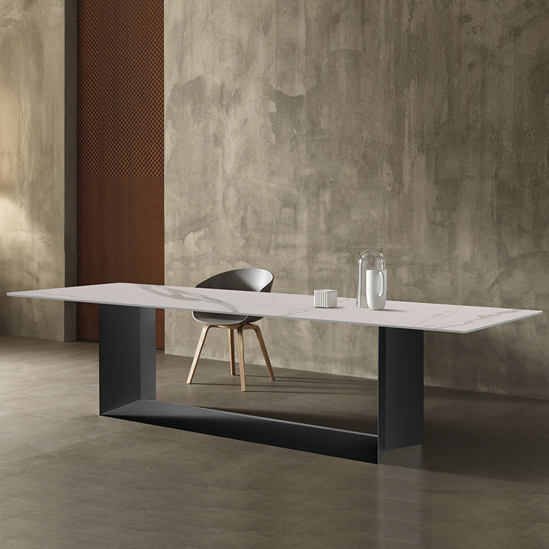 Sintered Stone Top Dining Table Industrial Kitchen Table with Black Metal Pedestal Clearhalo ' dining_table' 'Dining Tables & Seating' 'Dining Tables' 'furn' 'furn_dining_table' 'Furniture' 'furniture_dining_table' 'Kitchen & Dining Furniture' 'kitchen&dining_furn' 'kitchen' 'kitchen_dining_table' 3980408