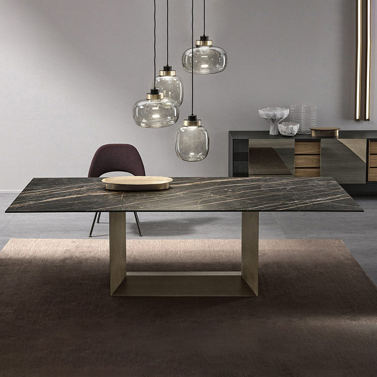 Sintered Stone Top Dining Table Industrial Kitchen Table with Black Metal Pedestal Clearhalo ' dining_table' 'Dining Tables & Seating' 'Dining Tables' 'furn' 'furn_dining_table' 'Furniture' 'furniture_dining_table' 'Kitchen & Dining Furniture' 'kitchen&dining_furn' 'kitchen' 'kitchen_dining_table' 3980418