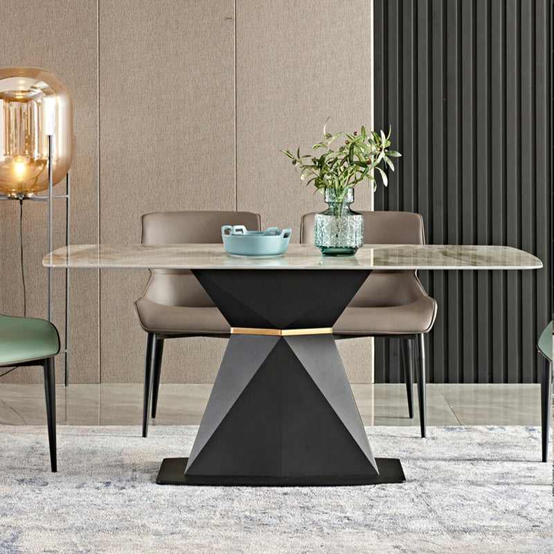 Metal Traditional Luxury Rectangular Table Sintered Stone Dining Table with Pedestal Base Gray Without Chairs Clearhalo ' dining_table' 'Dining Tables & Seating' 'Dining Tables' 'furn' 'furn_dining_table' 'Furniture' 'furniture_dining_table' 'Kitchen & Dining Furniture' 'kitchen&dining_furn' 'kitchen' 'kitchen_dining_table' 3980424