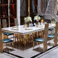 Traditional Luxury Marble Dining Table Rectangle Table with Metal Double Pedestal in Gold Clearhalo ' dining_table' 'Dining Tables & Seating' 'Dining Tables' 'furn' 'furn_dining_table' 'Furniture' 'furniture_dining_table' 'Kitchen & Dining Furniture' 'kitchen&dining_furn' 'kitchen' 'kitchen_dining_table' 3980434