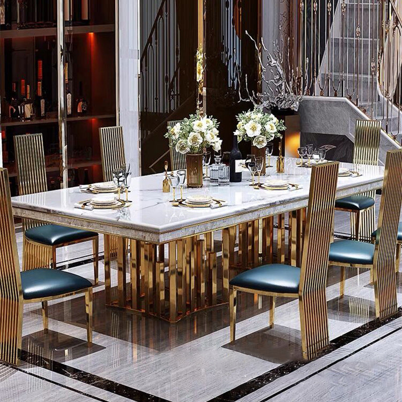 Traditional Luxury Marble Dining Table Rectangle Table with Metal Double Pedestal in Gold Clearhalo ' dining_table' 'Dining Tables & Seating' 'Dining Tables' 'furn' 'furn_dining_table' 'Furniture' 'furniture_dining_table' 'Kitchen & Dining Furniture' 'kitchen&dining_furn' 'kitchen' 'kitchen_dining_table' 3980434