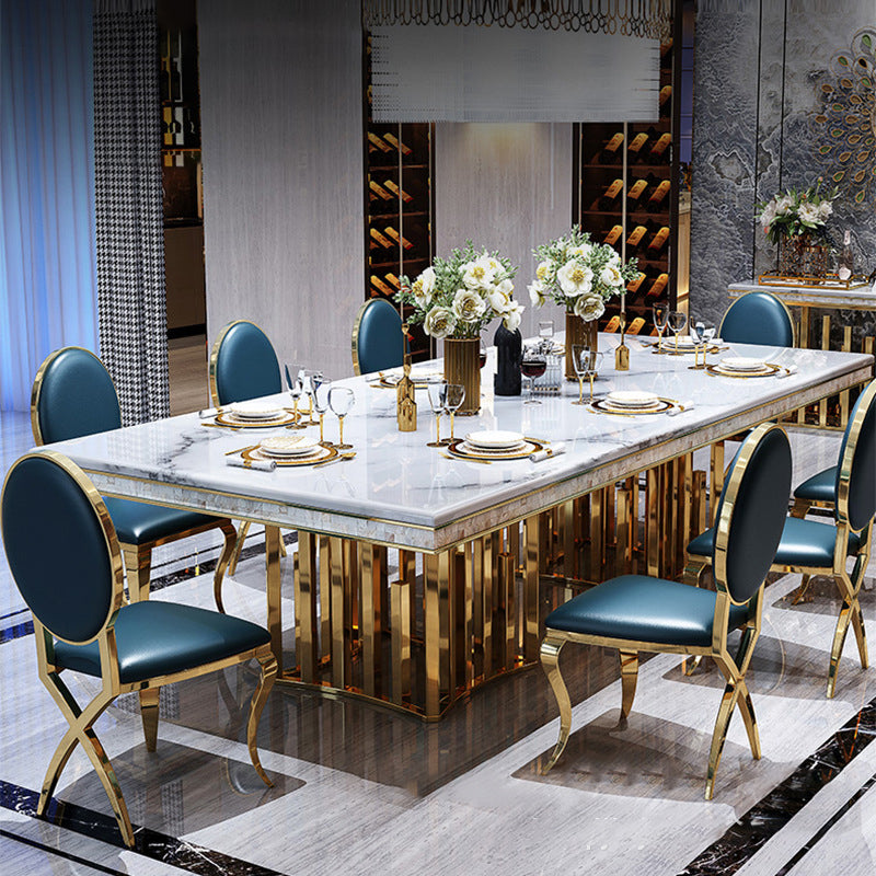 Traditional Luxury Marble Dining Table Rectangle Table with Metal Double Pedestal in Gold Clearhalo ' dining_table' 'Dining Tables & Seating' 'Dining Tables' 'furn' 'furn_dining_table' 'Furniture' 'furniture_dining_table' 'Kitchen & Dining Furniture' 'kitchen&dining_furn' 'kitchen' 'kitchen_dining_table' 3980435