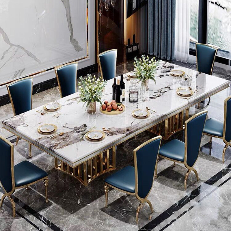 Traditional Luxury Marble Dining Table Rectangle Table with Metal Double Pedestal in Gold Clearhalo ' dining_table' 'Dining Tables & Seating' 'Dining Tables' 'furn' 'furn_dining_table' 'Furniture' 'furniture_dining_table' 'Kitchen & Dining Furniture' 'kitchen&dining_furn' 'kitchen' 'kitchen_dining_table' 3980436