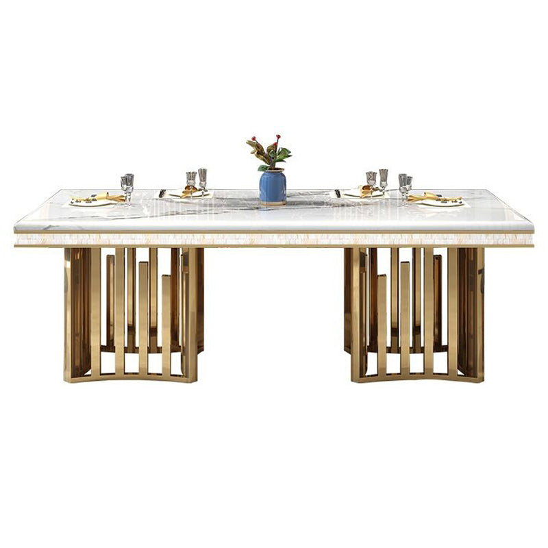 Traditional Luxury Marble Dining Table Rectangle Table with Metal Double Pedestal in Gold White Without Chairs Clearhalo ' dining_table' 'Dining Tables & Seating' 'Dining Tables' 'furn' 'furn_dining_table' 'Furniture' 'furniture_dining_table' 'Kitchen & Dining Furniture' 'kitchen&dining_furn' 'kitchen' 'kitchen_dining_table' 3980438
