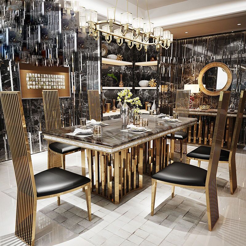 Traditional Luxury Marble Dining Table Rectangle Table with Metal Double Pedestal in Gold Black Without Chairs Clearhalo ' dining_table' 'Dining Tables & Seating' 'Dining Tables' 'furn' 'furn_dining_table' 'Furniture' 'furniture_dining_table' 'Kitchen & Dining Furniture' 'kitchen&dining_furn' 'kitchen' 'kitchen_dining_table' 3980442