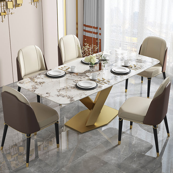 Luxury Sintered Stone Top Dining Table Rectangle Table with Gold Metal Pedestal Clearhalo ' dining_table' 'Dining Tables & Seating' 'Dining Tables' 'furn' 'furn_dining_table' 'Furniture' 'furniture_dining_table' 'Kitchen & Dining Furniture' 'kitchen&dining_furn' 'kitchen' 'kitchen_dining_table' 3994221