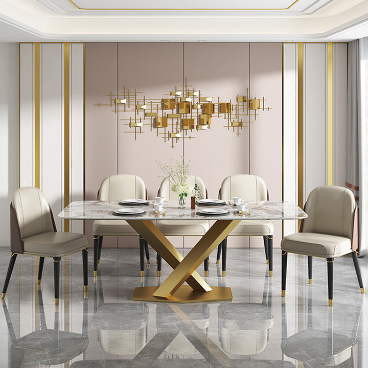 Luxury Sintered Stone Top Dining Table Rectangle Table with Gold Metal Pedestal Clearhalo ' dining_table' 'Dining Tables & Seating' 'Dining Tables' 'furn' 'furn_dining_table' 'Furniture' 'furniture_dining_table' 'Kitchen & Dining Furniture' 'kitchen&dining_furn' 'kitchen' 'kitchen_dining_table' 3994228