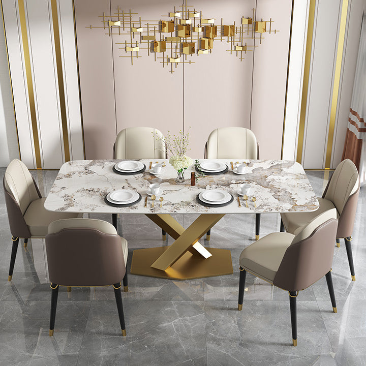 Luxury Sintered Stone Top Dining Table Rectangle Table with Gold Metal Pedestal Clearhalo ' dining_table' 'Dining Tables & Seating' 'Dining Tables' 'furn' 'furn_dining_table' 'Furniture' 'furniture_dining_table' 'Kitchen & Dining Furniture' 'kitchen&dining_furn' 'kitchen' 'kitchen_dining_table' 3994229