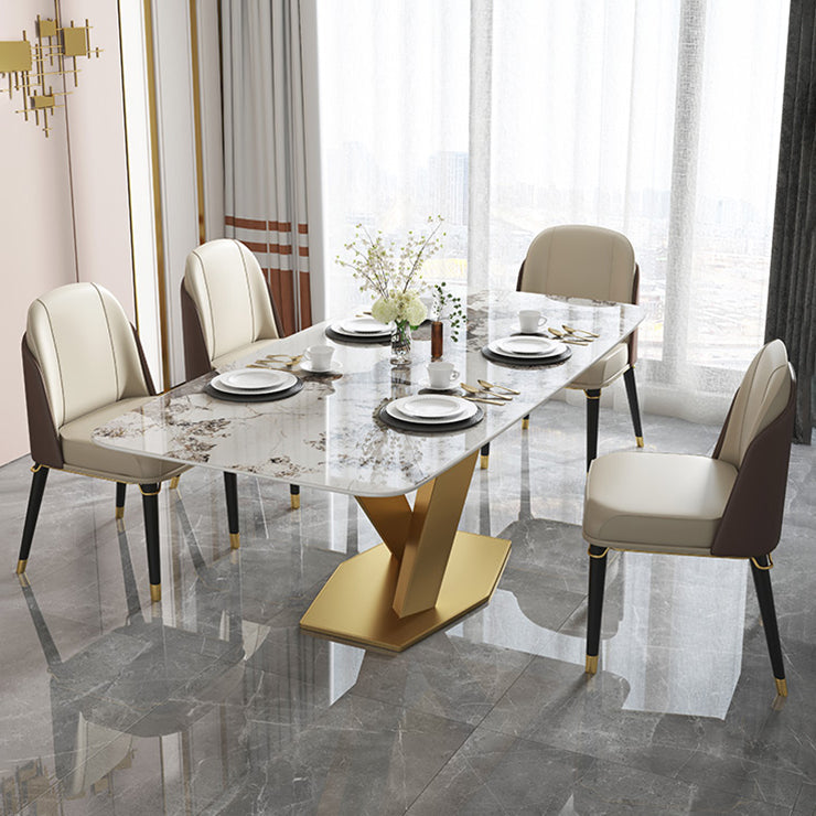 Luxury Sintered Stone Top Dining Table Rectangle Table with Gold Metal Pedestal Clearhalo ' dining_table' 'Dining Tables & Seating' 'Dining Tables' 'furn' 'furn_dining_table' 'Furniture' 'furniture_dining_table' 'Kitchen & Dining Furniture' 'kitchen&dining_furn' 'kitchen' 'kitchen_dining_table' 3994230