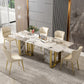 Luxury Sintered Stone Top Dining Table Rectangle Table with Gold Double Pedestal Clearhalo ' dining_table' 'Dining Tables & Seating' 'Dining Tables' 'furn' 'furn_dining_table' 'Furniture' 'furniture_dining_table' 'Kitchen & Dining Furniture' 'kitchen&dining_furn' 'kitchen' 'kitchen_dining_table' 3994236