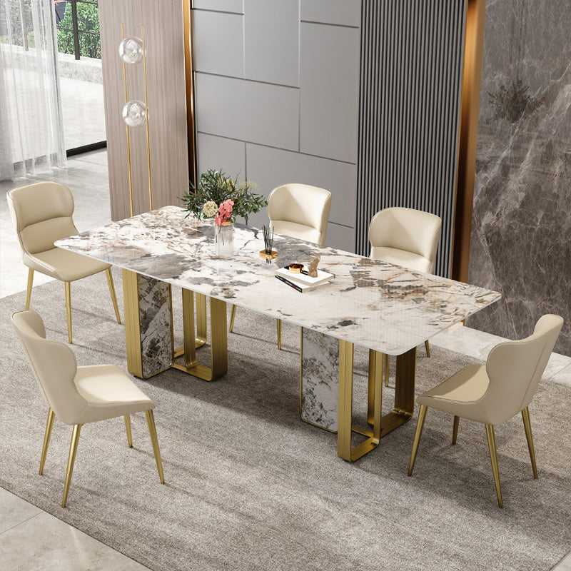 Luxury Sintered Stone Top Dining Table Rectangle Table with Gold Double Pedestal Clearhalo ' dining_table' 'Dining Tables & Seating' 'Dining Tables' 'furn' 'furn_dining_table' 'Furniture' 'furniture_dining_table' 'Kitchen & Dining Furniture' 'kitchen&dining_furn' 'kitchen' 'kitchen_dining_table' 3994236