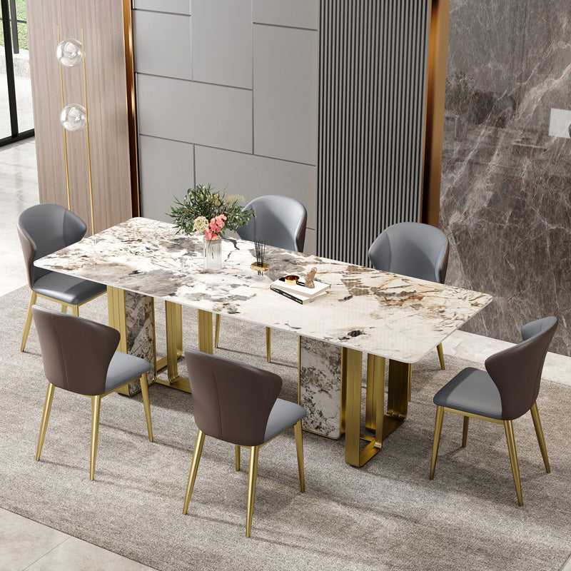 Luxury Sintered Stone Top Dining Table Rectangle Table with Gold Double Pedestal Clearhalo ' dining_table' 'Dining Tables & Seating' 'Dining Tables' 'furn' 'furn_dining_table' 'Furniture' 'furniture_dining_table' 'Kitchen & Dining Furniture' 'kitchen&dining_furn' 'kitchen' 'kitchen_dining_table' 3994238