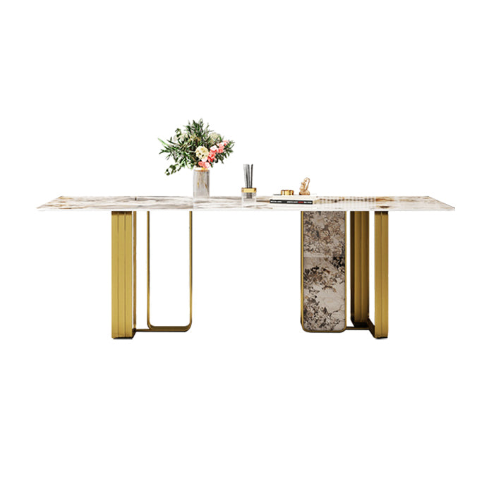 Luxury Sintered Stone Top Dining Table Rectangle Table with Gold Double Pedestal Without Chairs Clearhalo ' dining_table' 'Dining Tables & Seating' 'Dining Tables' 'furn' 'furn_dining_table' 'Furniture' 'furniture_dining_table' 'Kitchen & Dining Furniture' 'kitchen&dining_furn' 'kitchen' 'kitchen_dining_table' 3994240