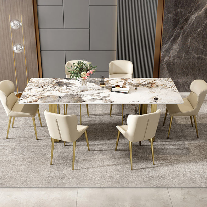 Luxury Sintered Stone Top Dining Table Rectangle Table with Gold Double Pedestal Clearhalo ' dining_table' 'Dining Tables & Seating' 'Dining Tables' 'furn' 'furn_dining_table' 'Furniture' 'furniture_dining_table' 'Kitchen & Dining Furniture' 'kitchen&dining_furn' 'kitchen' 'kitchen_dining_table' 3994241