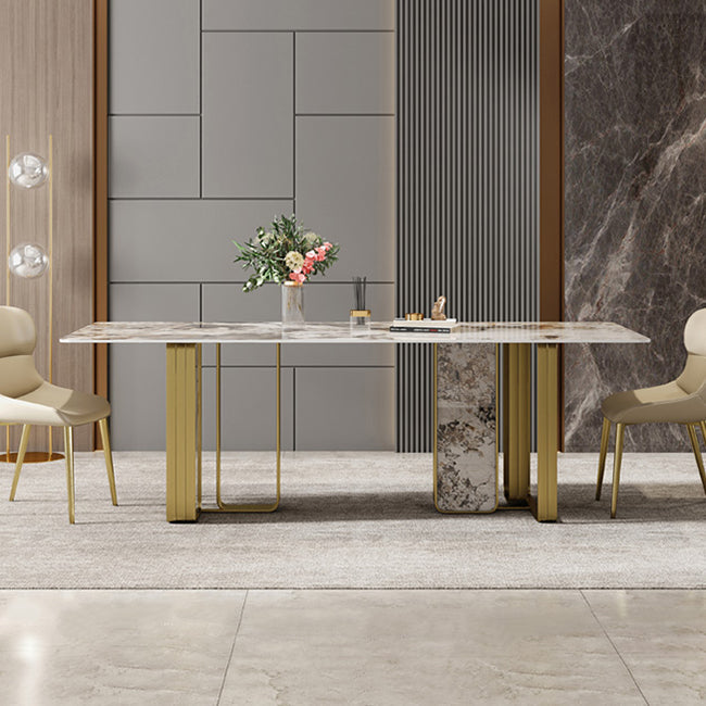 Luxury Sintered Stone Top Dining Table Rectangle Table with Gold Double Pedestal Clearhalo ' dining_table' 'Dining Tables & Seating' 'Dining Tables' 'furn' 'furn_dining_table' 'Furniture' 'furniture_dining_table' 'Kitchen & Dining Furniture' 'kitchen&dining_furn' 'kitchen' 'kitchen_dining_table' 3994242
