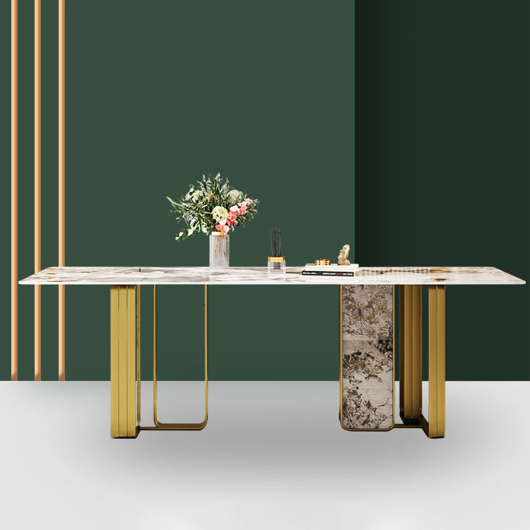 Luxury Sintered Stone Top Dining Table Rectangle Table with Gold Double Pedestal Clearhalo ' dining_table' 'Dining Tables & Seating' 'Dining Tables' 'furn' 'furn_dining_table' 'Furniture' 'furniture_dining_table' 'Kitchen & Dining Furniture' 'kitchen&dining_furn' 'kitchen' 'kitchen_dining_table' 3994243