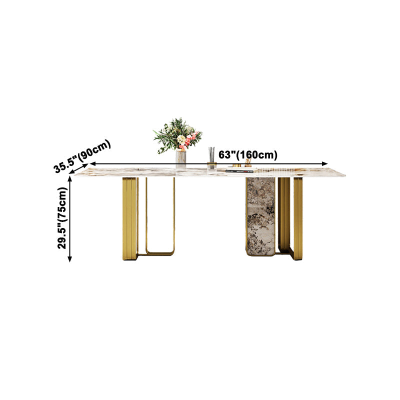 Luxury Sintered Stone Top Dining Table Rectangle Table with Gold Double Pedestal Clearhalo ' dining_table' 'Dining Tables & Seating' 'Dining Tables' 'furn' 'furn_dining_table' 'Furniture' 'furniture_dining_table' 'Kitchen & Dining Furniture' 'kitchen&dining_furn' 'kitchen' 'kitchen_dining_table' 3994245