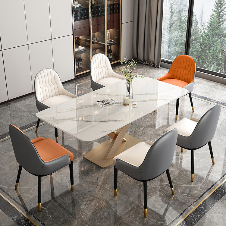 Luxury Sintered Stone Top Dining Table Rectangle Table with Gold Metal Pedestal for Restaurant Clearhalo ' dining_table' 'Dining Tables & Seating' 'Dining Tables' 'furn' 'furn_dining_table' 'Furniture' 'furniture_dining_table' 'Kitchen & Dining Furniture' 'kitchen&dining_furn' 'kitchen' 'kitchen_dining_table' 3994247