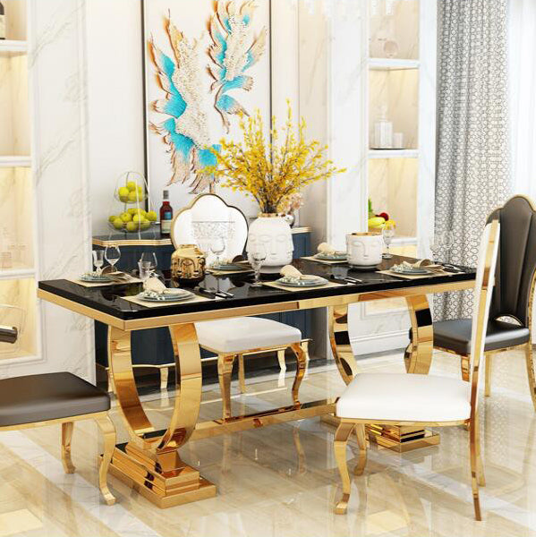 Traditional Luxury Marble Dining Table Rectangle Table with Gold Metal Base Black Without Chairs Clearhalo ' dining_table' 'Dining Tables & Seating' 'Dining Tables' 'furn' 'furn_dining_table' 'Furniture' 'furniture_dining_table' 'Kitchen & Dining Furniture' 'kitchen&dining_furn' 'kitchen' 'kitchen_dining_table' 3994348