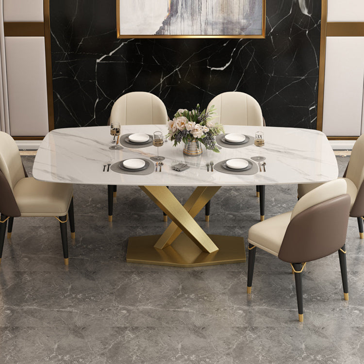Rectangle Traditional Luxury Dining Table White Sintered Stone Table with Gold Pedestal Base Clearhalo ' dining_table' 'Dining Tables & Seating' 'Dining Tables' 'furn' 'furn_dining_table' 'Furniture' 'furniture_dining_table' 'Kitchen & Dining Furniture' 'kitchen&dining_furn' 'kitchen' 'kitchen_dining_table' 3994535