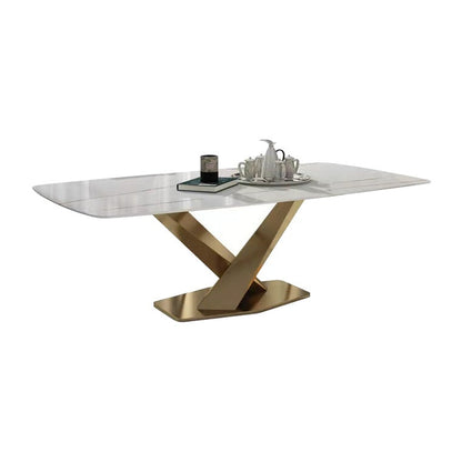 Rectangle Traditional Luxury Dining Table White Sintered Stone Table with Gold Pedestal Base Without Chairs Clearhalo ' dining_table' 'Dining Tables & Seating' 'Dining Tables' 'furn' 'furn_dining_table' 'Furniture' 'furniture_dining_table' 'Kitchen & Dining Furniture' 'kitchen&dining_furn' 'kitchen' 'kitchen_dining_table' 3994536