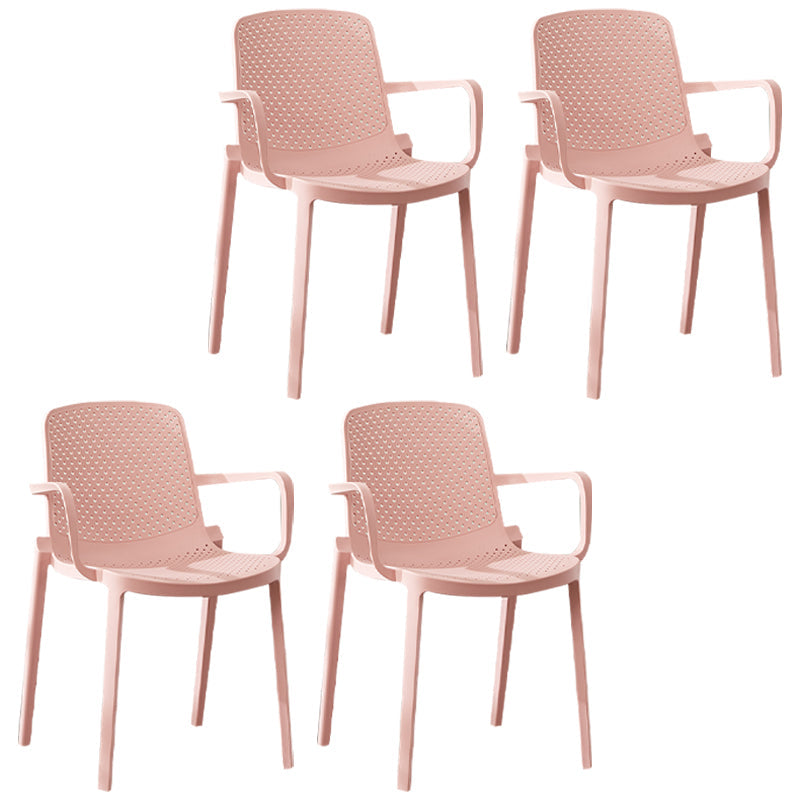 Scandinavian Plastic Dining Arm Chairs Stackable Solid Back Armchairs (Set of 4) Pink Clearhalo ' kitchen&dining_furn' 'Dining Chairs' 'Dining Tables & Seating' 'dining_chair' 'furn' 'furn_dining_chair' 'Furniture' 'furniture_dining_chair' 'Kitchen & Dining Furniture' 'kitchen' 3998508
