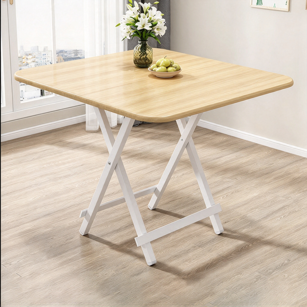 Modern Folding Wood Top Dining Table with Metal Leg for Living Room Natural Without Chairs