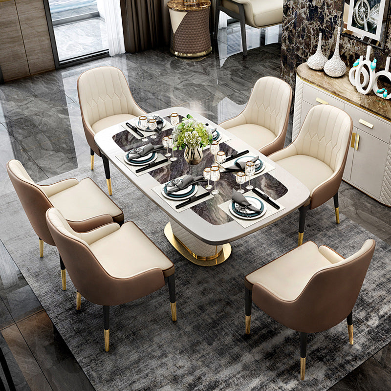 Glam Marble Rectangle Shape Dining Table Standard Kitchen Dining Table with Pedestal Base Clearhalo ' dining_table' 'Dining Tables & Seating' 'Dining Tables' 'furn' 'furn_dining_table' 'Furniture' 'furniture_dining_table' 'Kitchen & Dining Furniture' 'kitchen&dining_furn' 'kitchen' 'kitchen_dining_table' 4002492