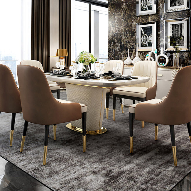 Glam Marble Rectangle Shape Dining Table Standard Kitchen Dining Table with Pedestal Base Clearhalo ' dining_table' 'Dining Tables & Seating' 'Dining Tables' 'furn' 'furn_dining_table' 'Furniture' 'furniture_dining_table' 'Kitchen & Dining Furniture' 'kitchen&dining_furn' 'kitchen' 'kitchen_dining_table' 4002494