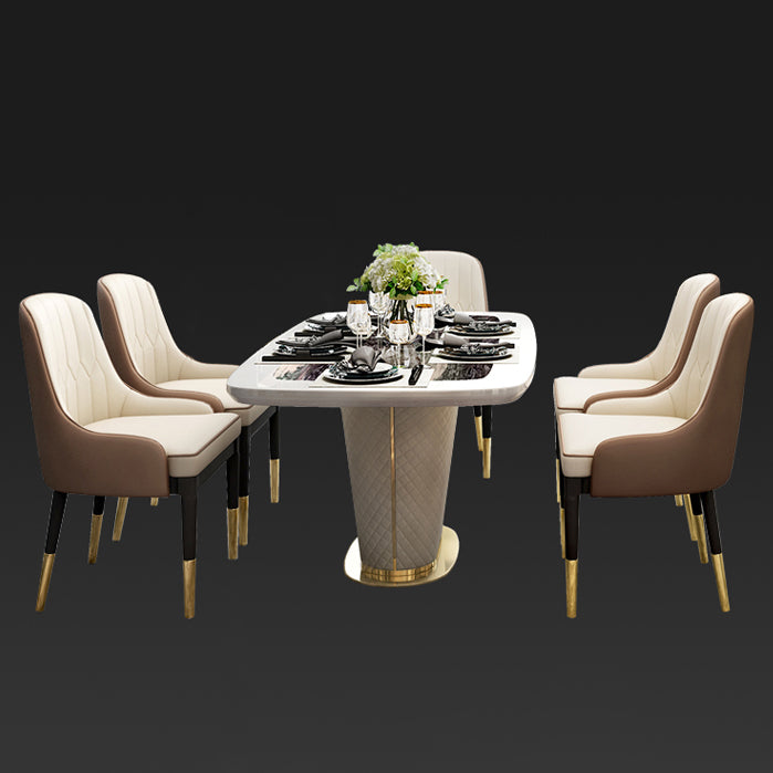 Glam Marble Rectangle Shape Dining Table Standard Kitchen Dining Table with Pedestal Base Clearhalo ' dining_table' 'Dining Tables & Seating' 'Dining Tables' 'furn' 'furn_dining_table' 'Furniture' 'furniture_dining_table' 'Kitchen & Dining Furniture' 'kitchen&dining_furn' 'kitchen' 'kitchen_dining_table' 4002495