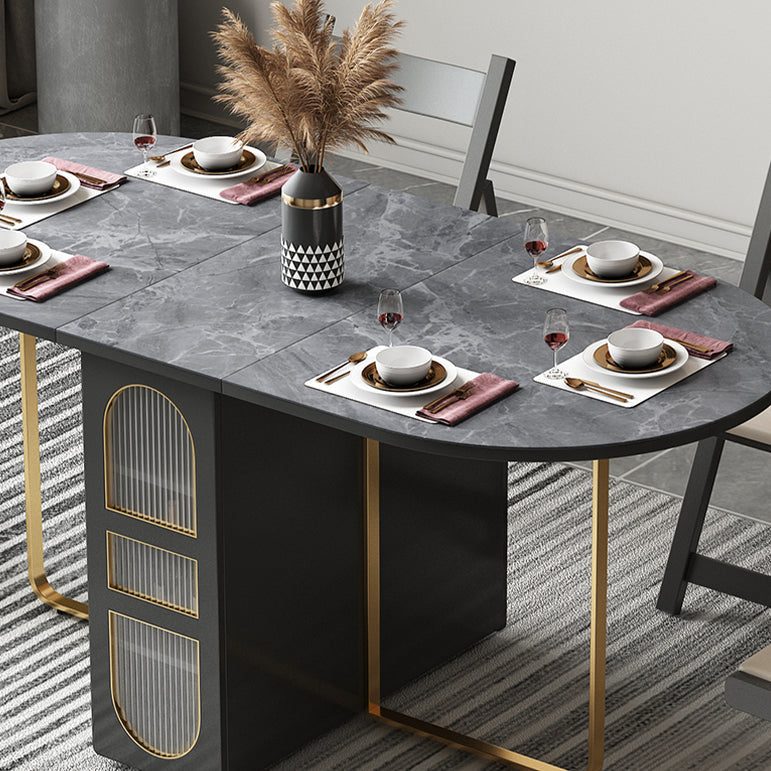 59'' Foldable Sintered Stone Top Dining Table Modern Oval Table with Storage Trestle Base Clearhalo ' dining_table' 'Dining Tables & Seating' 'Dining Tables' 'furn' 'furn_dining_table' 'Furniture' 'furniture_dining_table' 'Kitchen & Dining Furniture' 'kitchen&dining_furn' 'kitchen' 'kitchen_dining_table' 4020882
