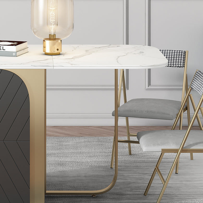 Modern Rectangle Dining Table Sintered Stone Drop-Leaf 63" Table with Gold Frame Clearhalo ' dining_table' 'Dining Tables & Seating' 'Dining Tables' 'furn' 'furn_dining_table' 'Furniture' 'furniture_dining_table' 'Kitchen & Dining Furniture' 'kitchen&dining_furn' 'kitchen' 'kitchen_dining_table' 4020955