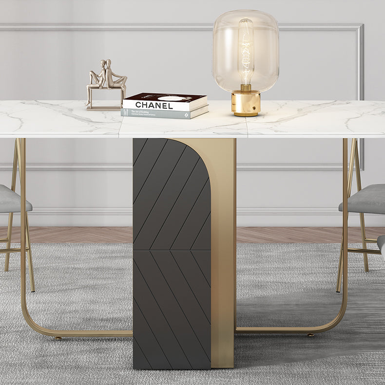 Modern Rectangle Dining Table Sintered Stone Drop-Leaf 63" Table with Gold Frame Clearhalo ' dining_table' 'Dining Tables & Seating' 'Dining Tables' 'furn' 'furn_dining_table' 'Furniture' 'furniture_dining_table' 'Kitchen & Dining Furniture' 'kitchen&dining_furn' 'kitchen' 'kitchen_dining_table' 4020957