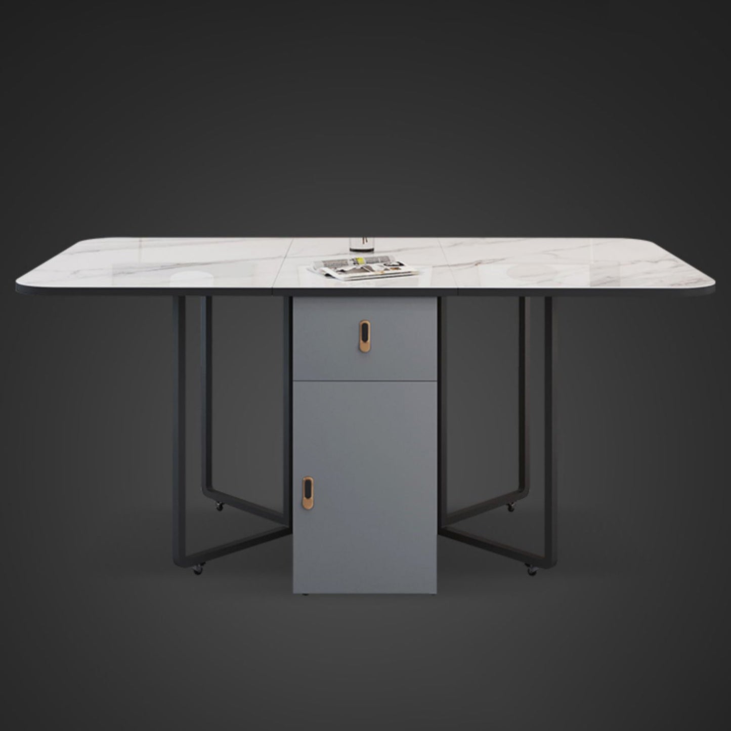 Modern Style Rectangle Dining Table Sintered Stone Drop-Leaf Dining Table with Black Frame Clearhalo ' dining_table' 'Dining Tables & Seating' 'Dining Tables' 'furn' 'furn_dining_table' 'Furniture' 'furniture_dining_table' 'Kitchen & Dining Furniture' 'kitchen&dining_furn' 'kitchen' 'kitchen_dining_table' 4021056