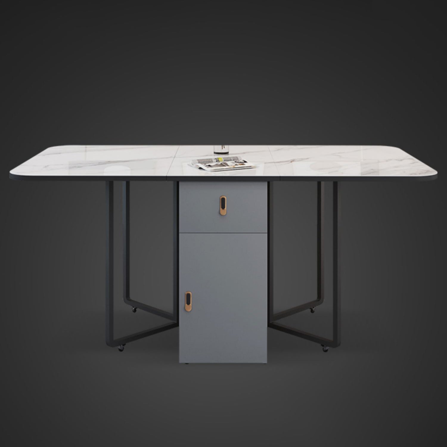 Modern Style Rectangle Dining Table Sintered Stone Drop-Leaf Dining Table with Black Frame Clearhalo ' dining_table' 'Dining Tables & Seating' 'Dining Tables' 'furn' 'furn_dining_table' 'Furniture' 'furniture_dining_table' 'Kitchen & Dining Furniture' 'kitchen&dining_furn' 'kitchen' 'kitchen_dining_table' 4021056
