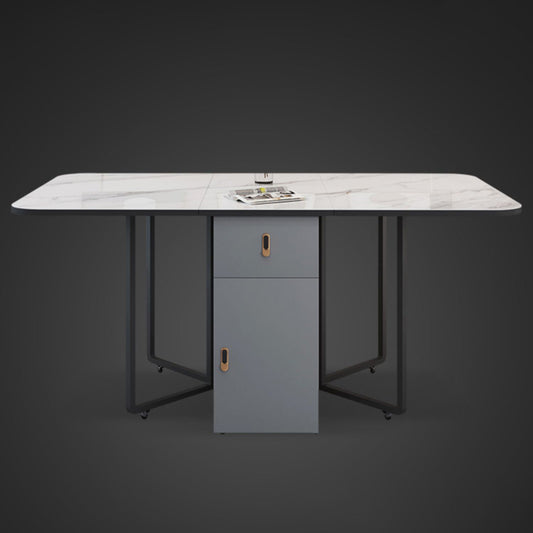 Modern Style Rectangle Dining Table Sintered Stone Drop-Leaf Dining Table with Black Frame