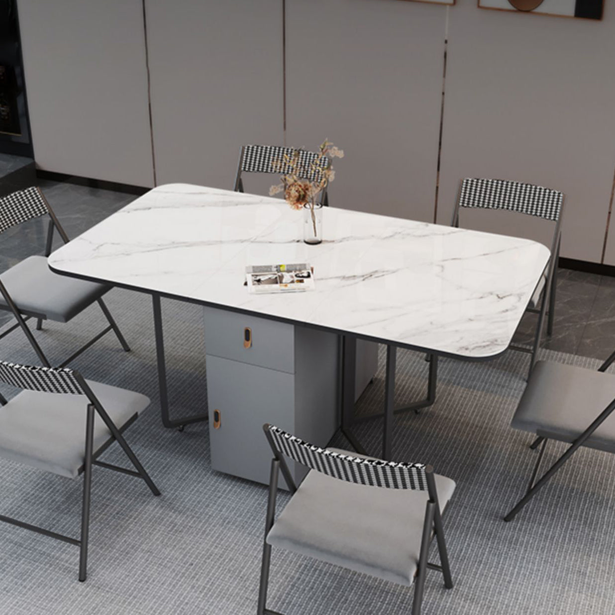 Modern Style Rectangle Dining Table Sintered Stone Drop-Leaf Dining Table with Black Frame Clearhalo ' dining_table' 'Dining Tables & Seating' 'Dining Tables' 'furn' 'furn_dining_table' 'Furniture' 'furniture_dining_table' 'Kitchen & Dining Furniture' 'kitchen&dining_furn' 'kitchen' 'kitchen_dining_table' 4021058