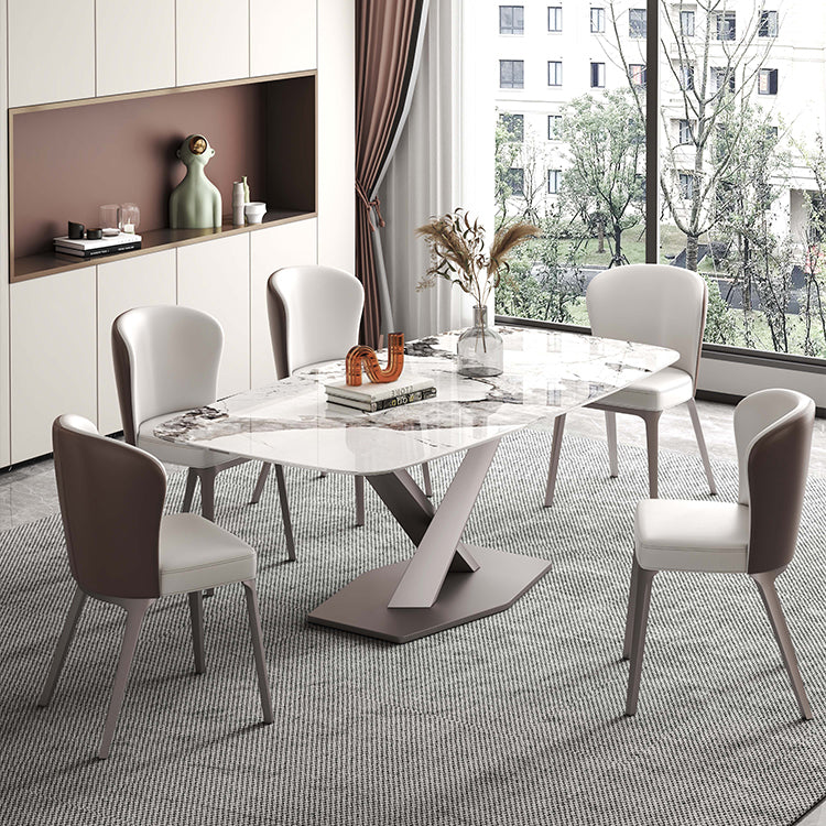 Rectangle White Tone Dining Table Sintered Stone Table Luxury with Pedestal Clearhalo ' dining_table' 'Dining Tables & Seating' 'Dining Tables' 'furn' 'furn_dining_table' 'Furniture' 'furniture_dining_table' 'Kitchen & Dining Furniture' 'kitchen&dining_furn' 'kitchen' 'kitchen_dining_table' 4033091