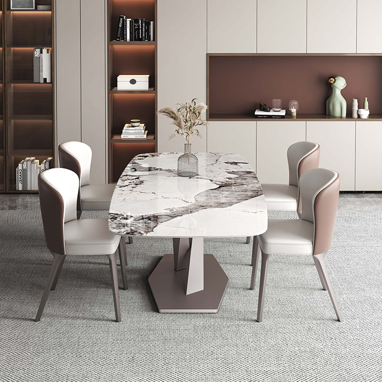 Rectangle White Tone Dining Table Sintered Stone Table Luxury with Pedestal Clearhalo ' dining_table' 'Dining Tables & Seating' 'Dining Tables' 'furn' 'furn_dining_table' 'Furniture' 'furniture_dining_table' 'Kitchen & Dining Furniture' 'kitchen&dining_furn' 'kitchen' 'kitchen_dining_table' 4033092