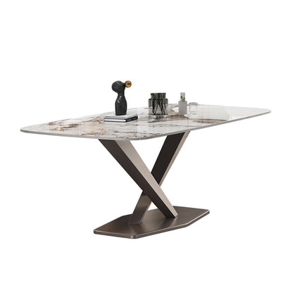 Rectangle White Tone Dining Table Sintered Stone Table Luxury with Pedestal Without Chairs Clearhalo ' dining_table' 'Dining Tables & Seating' 'Dining Tables' 'furn' 'furn_dining_table' 'Furniture' 'furniture_dining_table' 'Kitchen & Dining Furniture' 'kitchen&dining_furn' 'kitchen' 'kitchen_dining_table' 4033093