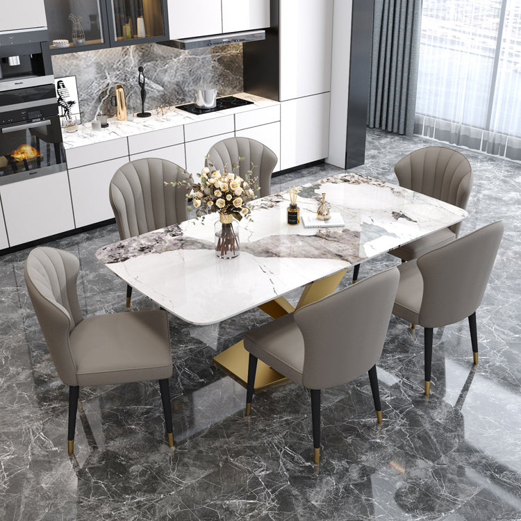 Rectangle Glam Dining Table White Tone Fixed Table with Sintered Stone Clearhalo ' dining_table' 'Dining Tables & Seating' 'Dining Tables' 'furn' 'furn_dining_table' 'Furniture' 'furniture_dining_table' 'Kitchen & Dining Furniture' 'kitchen&dining_furn' 'kitchen' 'kitchen_dining_table' 4033105